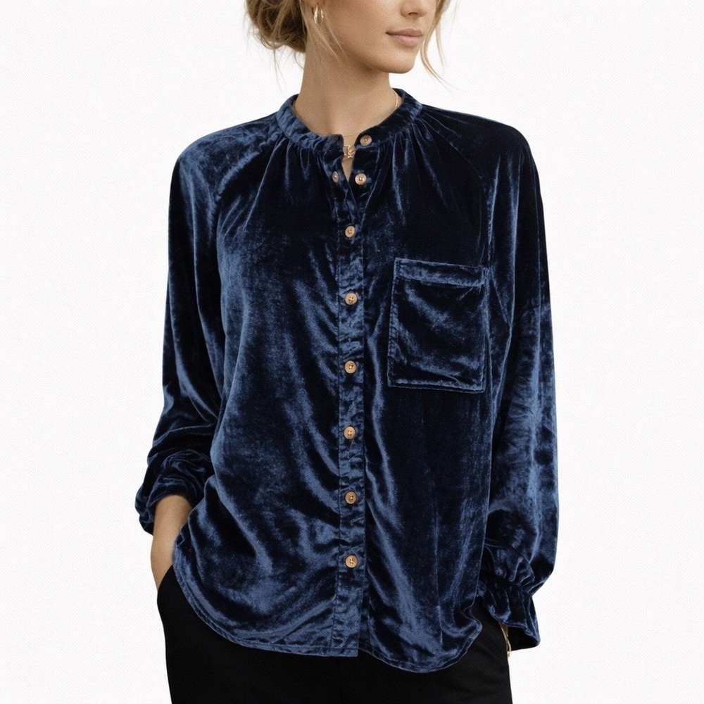 Pilcro Womens Blouse Blue Crushed Velvet‎ Peasant Poet Boho Romantic Whimsigoth